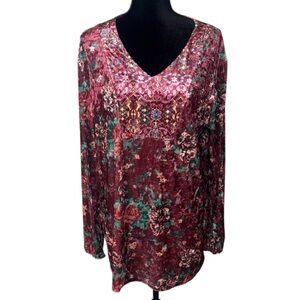 🌹Burgundy Floral V-Neck Long Sleeve Crushed Velour Top - Size XXL